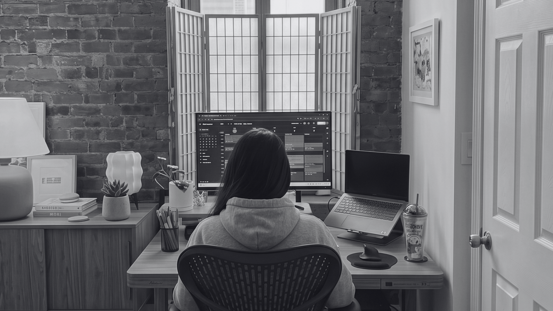 Tássia trabalhando em seu home office